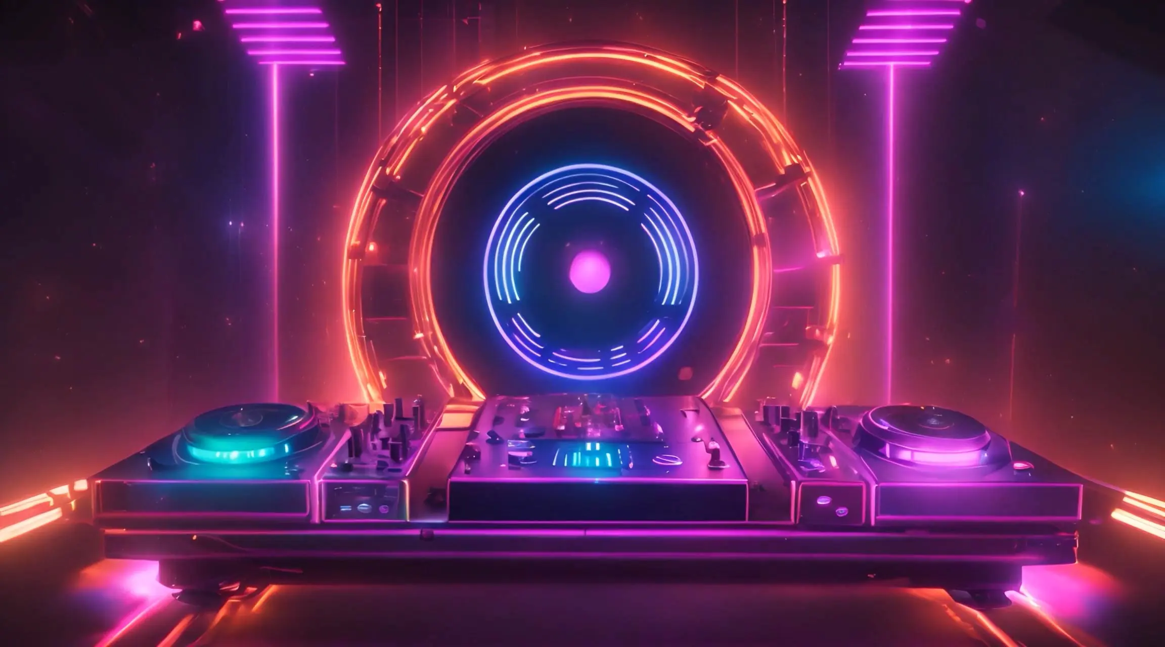 Neon DJ Booth Portal Vibrant Music Event Backdrop